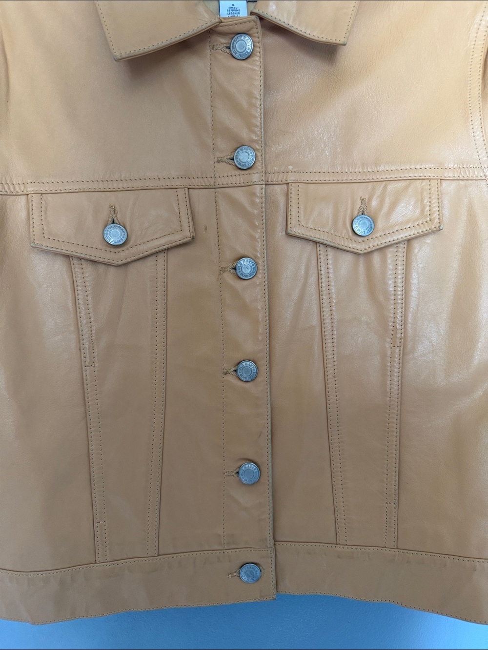 Vintage Y2K 90’s Old Navy Women’s Camel Tan Leather Trucker Jacket Size Small - Picture 3 of 14